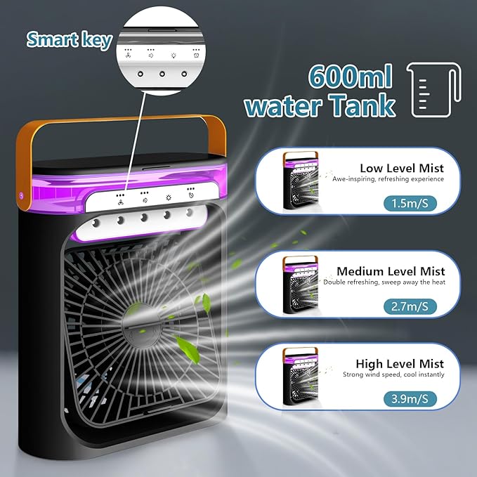 Ventilador portátil con humidificador y luz led